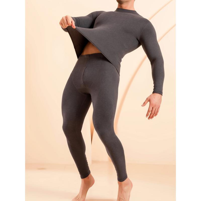 Men's Thermal Underwear Set, Long Sleeve Turtleneck, Warm Fleece-Like, Stretchy Polyester Blend, Solid Color, Tight Fit, for Home, Sports, Cycling, All Seasons