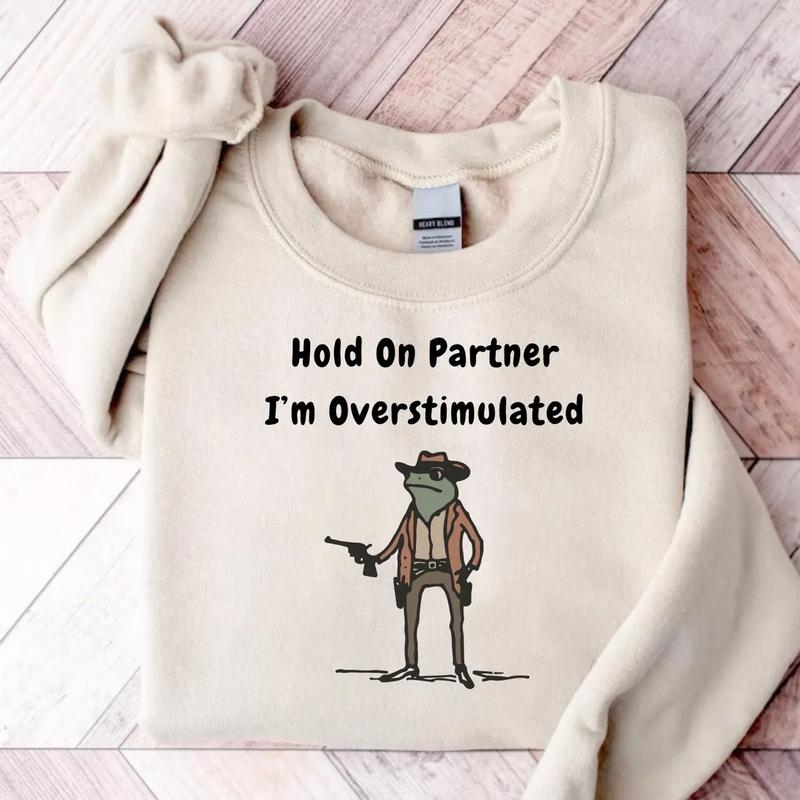 Hold On Partner Im Overstimulated Sweatshirt, Cowboy Frog Sweatshirt, Gen Z Shirt Funny Meme Sweatshirt Unisex