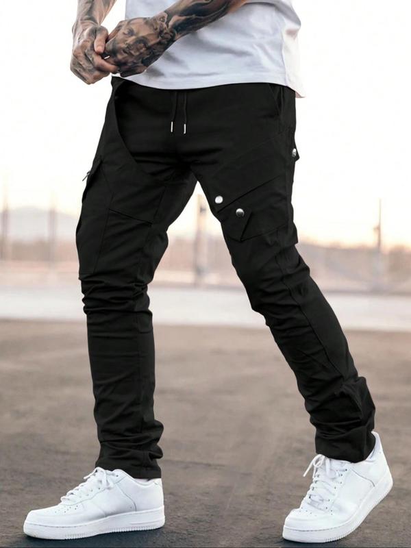 Men's Plain Zipper Flap Pocket Drawstring Waist Jogger Pants, Loose Street Trousers for Spring & Fall,  Summer Outfits 2024 for Work, Streetwear Drippy Outfits, Men's Bottoms, Going Out Outfit