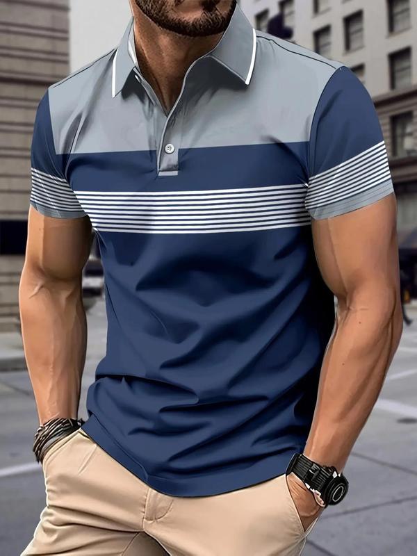 Men's Striped Print Short Sleeve Polo Shirt, Casual Button Front Collared Top for Summer, Fashion Men's Streetwear Clothes for Daily Wear