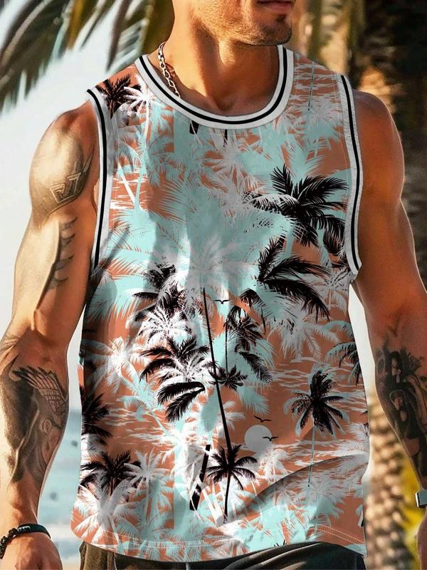 Men's Loose Tropical Print Contrast Binding Tank Top, Palm Tree Print Round Neck Sleeveless Top for Summer, Graphic Tees, Casual Comfy Men's Clothing for Beach Vacation