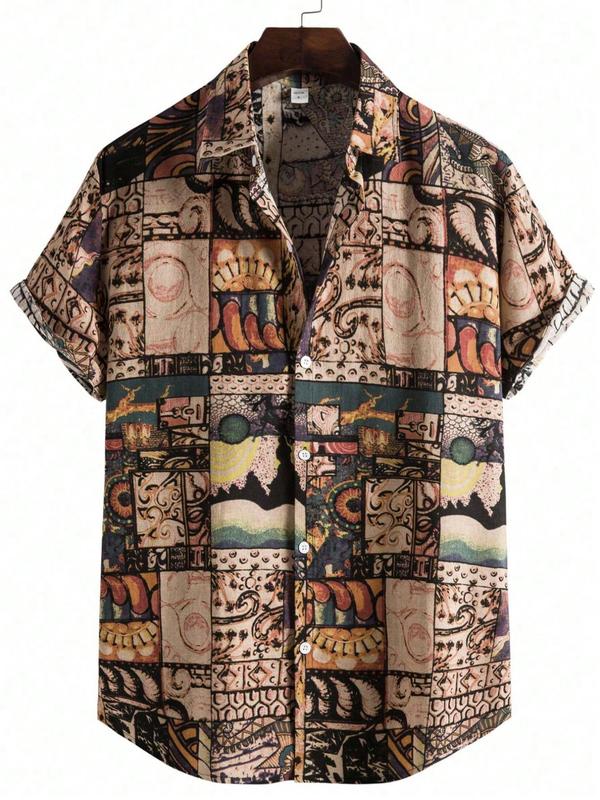 Men's Regular Fit All Over Patchwork Printed Button Front Shirt, Casual Vintage Short Sleeve Collar Shirt for Summer, Fashion Men's Top for Daily Wear