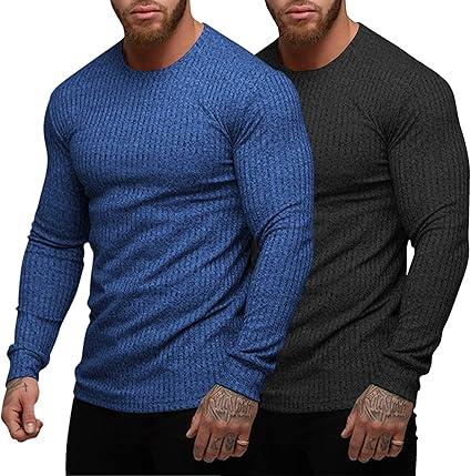 COOFANDY Men's 2 Pack Muscle T-Shirt Stretch Long Sleeve Gym Workout Bodybuilding Training Tee Shirts Casual Hipster Tops