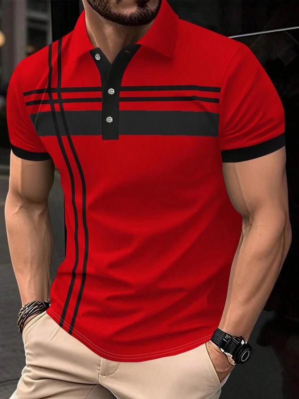 Men's Striped Print Contrast Binding Polo Shirt, Polo Shirts Men, Casual Short Sleeve Button Front Polo T Shirt for Summer, Fashion Men's Clothes for Daily Streetwear