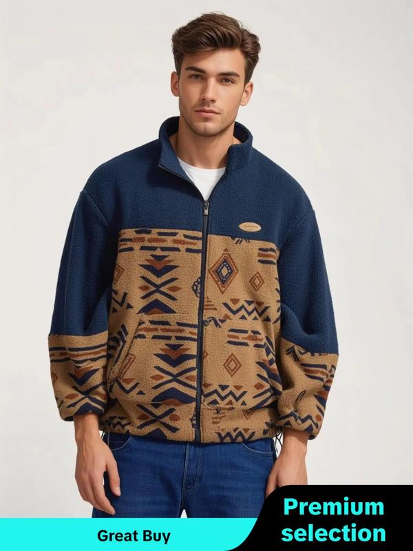Men's Ethnic Pattern Zip Up Funnel Neck Jacket, Regular Fit Casual Long Sleeve Drawstring Pocket Outerwear for Fall & Winter, Men's Clothes for Daily Wear, Designer Clothing for Men, Jackets for Men Winter Jacket