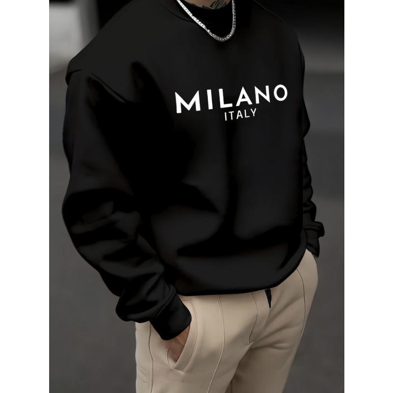 Stylish Milano Milan Italy Graphic Print Crew Neck Sweatshirt - Active Sweatshirts for Men - Long Sleeve, Casual, Comfy, Trendy Tops for Outdoor Activities, Travel, and Everyday Wear