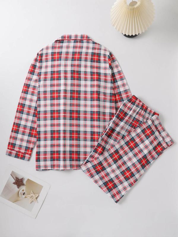 Two-Piece Set Men's Christmas Themed Plaid Print Patched Lapel Neck Pocket Shirt & Elastic Waist Pants Pyjama, Casual Comfy Short Sleeve Button Up Top & Trousers PJ Set, Men's Sleepwear for Spring & Fall