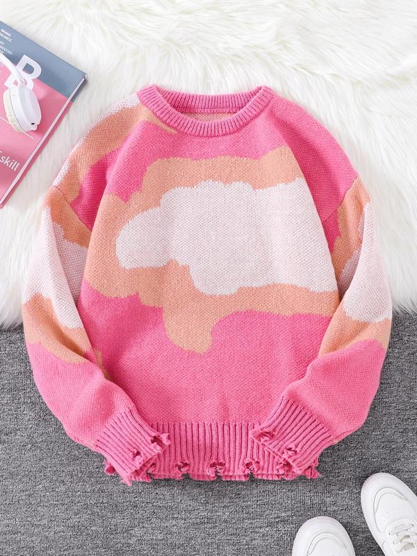 Men's Clouds Print Ripped Drop Shoulder Sweater, Casual Regular Fit Long Sleeve Round Neck Jumper for Fall & Winter, Fashion Men's Knitwear for Daily Wear