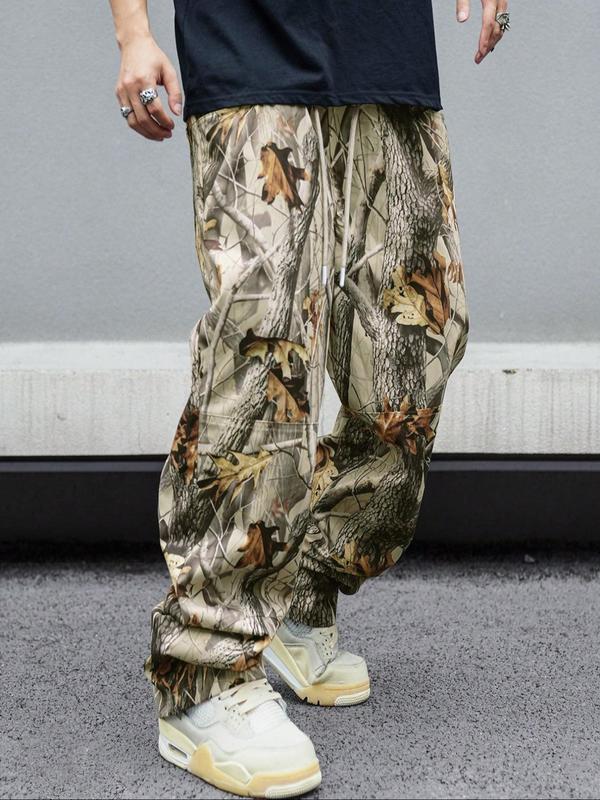 Men's Forest Camo Print Drawstring Waist Pants, Street Fashion Casual Pocket Trousers for Daily Wear, Men's Fall Clothes