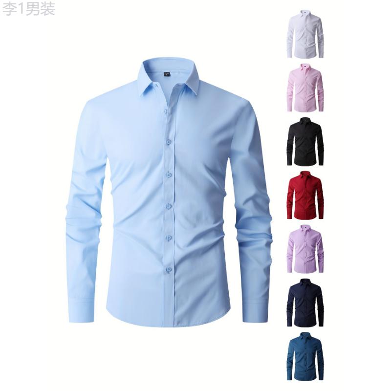 Solid Color Men's Business Slim Fit Long Sleeve Button Up Shirt, Spring Fall Formal Wear, Gift For Men Collar Menswear