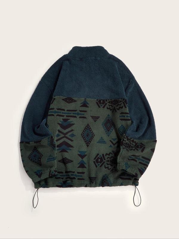 Men's Ethnic Pattern Zip Up Funnel Neck Jacket, Regular Fit Casual Long Sleeve Drawstring Pocket Outerwear for Fall & Winter, Men's Clothes for Daily Wear, Designer Clothing for Men, Jackets for Men Winter Jacket