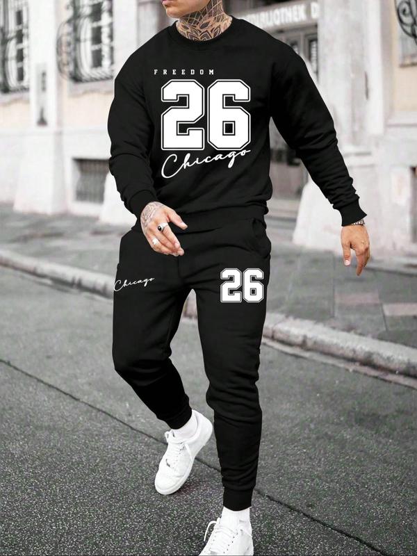 Two-Piece Set Men's Figure Print Sweatshirt & Pocket Sweatpants, Regular Fit Casual Long Sleeve Round Neck Pullover & Jogger Pants for Fall & Winter, Men's Two-piece Outfits for Daily Wear