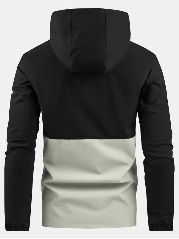 Men's Colorblock Zip Up Drawstring Hooded Designer Jacket Coats, Casual Regular Fit Long Sleeve Zipper Outerwear, Men's Fall Clothing, Back To School Running Clothes, Plz Order A Size Up