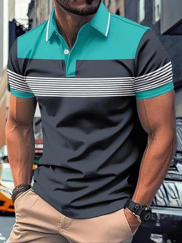 Men's Striped Print Short Sleeve Polo Shirt, Casual Button Front Collared Top for Summer, Fashion Men's Streetwear Clothes for Daily Wear