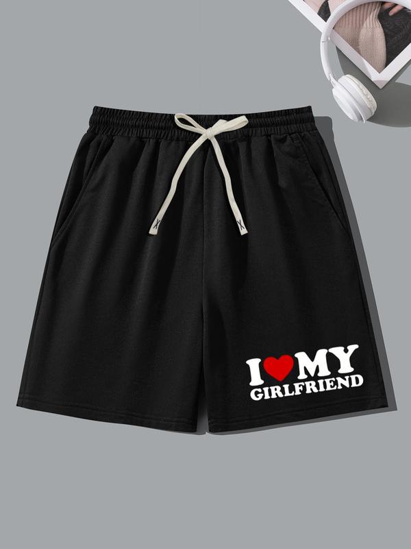 Men's Letter & Heart Print Straight Leg Shorts, Regular Fit Casual Drawstring Waist Pocket Shorts, Men's Summer Bottoms