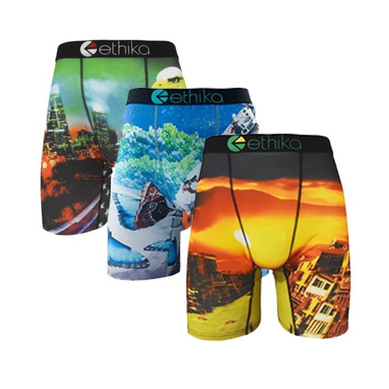 3Pcs ETHIKA Fashion Sexy Men Underwear Boxers Shark Print Man Underpants Sports Panties Lingeries Boxer Briefs Trunks Plus Size