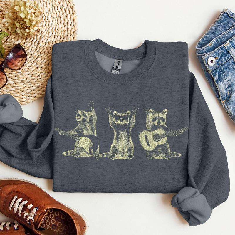 Raccoon Band, Playing Guitar, Funny Animals Sweatshirt, Crew Neck, Crewneck, Soft Unisex Graphic Casual Casual Comfort Womenswear Comfortable Graphic