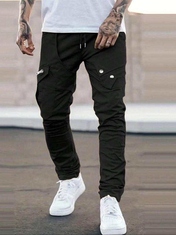 Men's Plain Zipper Flap Pocket Drawstring Waist Jogger Pants, Loose Street Trousers for Spring & Fall,  Summer Outfits 2024 for Work, Streetwear Drippy Outfits, Men's Bottoms, Going Out Outfit