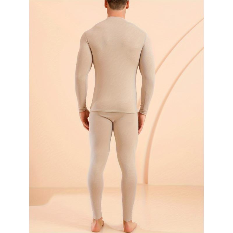 Men's Thermal Underwear Set, Long Sleeve Turtleneck, Warm Fleece-Like, Stretchy Polyester Blend, Solid Color, Tight Fit, for Home, Sports, Cycling, All Seasons