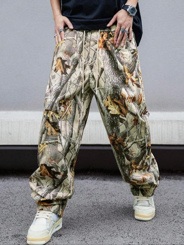 Men's Forest Camo Print Drawstring Waist Pants, Street Fashion Casual Pocket Trousers for Daily Wear, Men's Fall Clothes