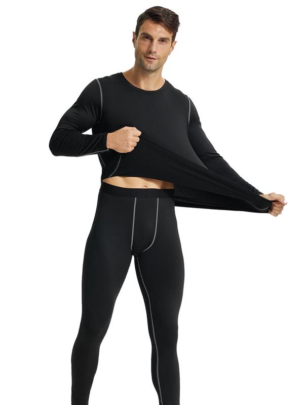 Men's Long Sleeve Contrast Binding Thermal Underwear Set, Casual Comfy Round Neck Long Sleeve Top & Pants Set for Fall & Winter, Men's Sleepwear for Indoor Wear