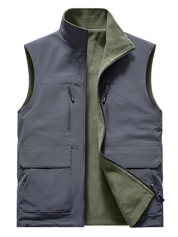 Men's Solid Zip Up Pocket Thermal Lined Sports Vest, Regular Fit Casual Stand Collar Sleeveless Outerwear for Fall & Winter, Men's Sportswear for Outdoor Activities