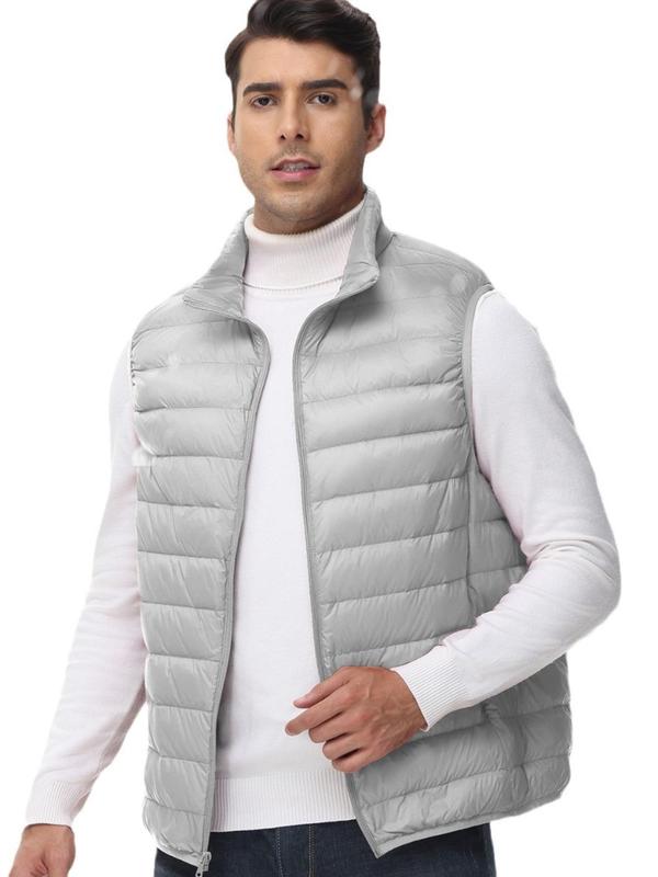 Men's Solid Zip Up Pocket Sports Down Vest Jacket, Regular Fit Casual Sleeveless Thermal Outerwear for Fall & Winter, Men's Clothes for Outdoor Activities