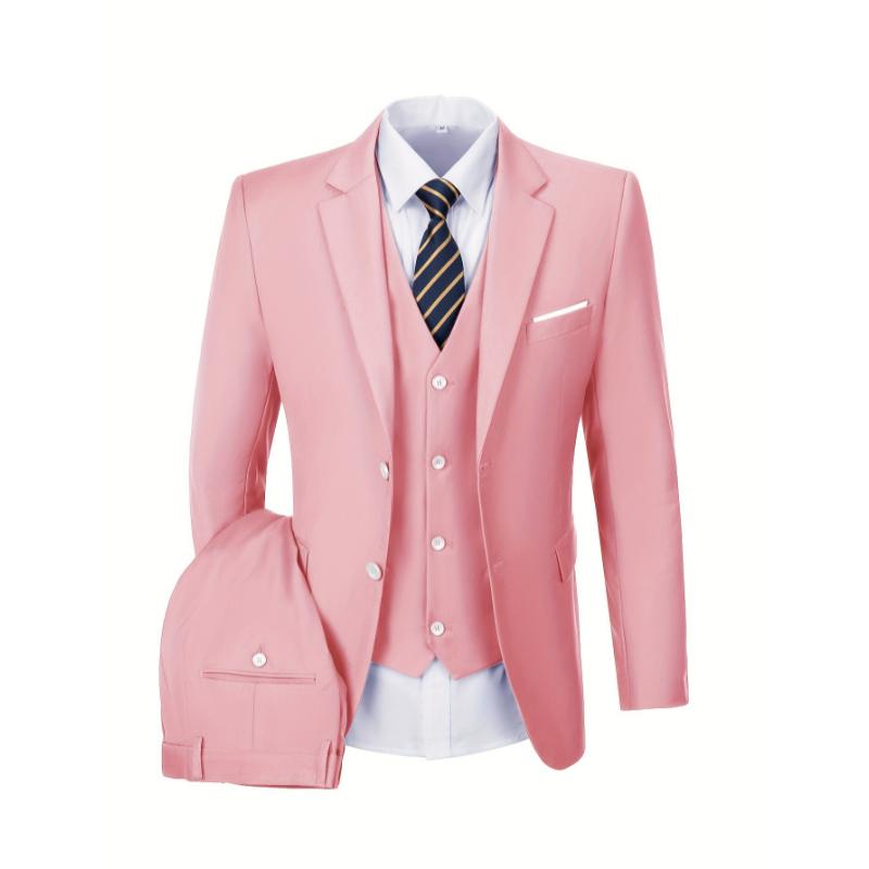 3pcs Set Of Men's Solid Notch Lapel Dress Suit Set, Single Breasted Blazer, Dress Vest And Formal Pants Collar Menswear