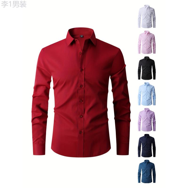 Solid Color Men's Business Slim Fit Long Sleeve Button Up Shirt, Spring Fall Formal Wear, Gift For Men Collar Menswear