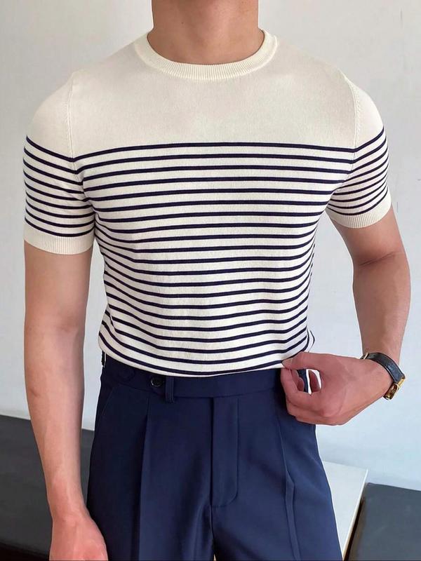 Summer Clothes Men's Striped Print Round Neck Knit Top, Slim Casual Short Sleeve Crew Neck Knitwear for Spring & Summer, Streetwear, Fashion Men's Knit Clothing for Daily Wear, Summer Outfits 2024, Men's Tops