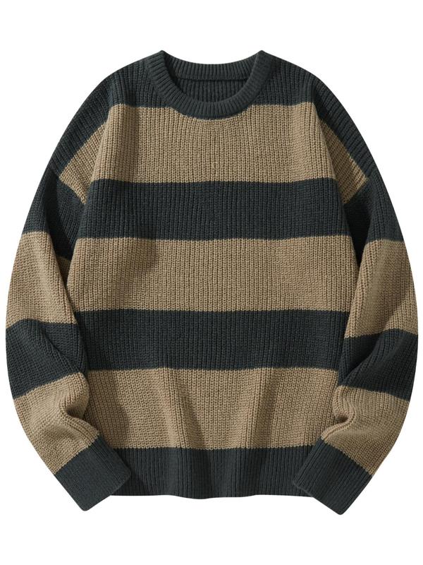 Men's Striped Print Round Neck Sweater, Fall Outfits 2024, Regular Fit Streetwear Long Sleeve Jumper for Fall & Winter, Fall Clothes, Men's Knit Pullover for Daily Wear, 90s Clothes, Going Out Outfit Knitted Sweater