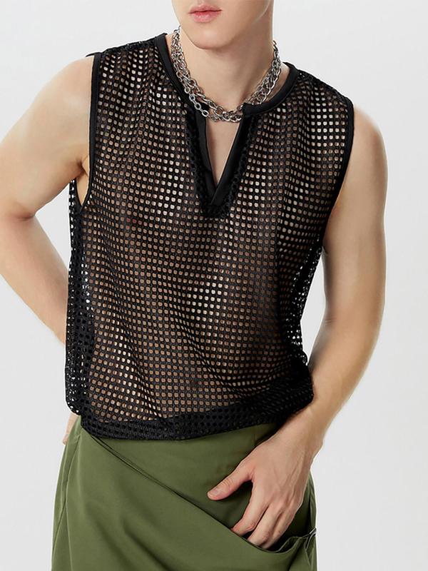 Men's Hollow Out Sheer Tank Top, Casual V Neck Sleeveless Top for Summer, Fashion Men's Streetwear Clothes for Daily Wear