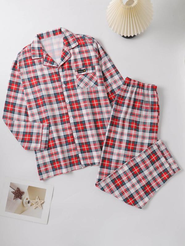 Two-Piece Set Men's Christmas Themed Plaid Print Patched Lapel Neck Pocket Shirt & Elastic Waist Pants Pyjama, Casual Comfy Short Sleeve Button Up Top & Trousers PJ Set, Men's Sleepwear for Spring & Fall