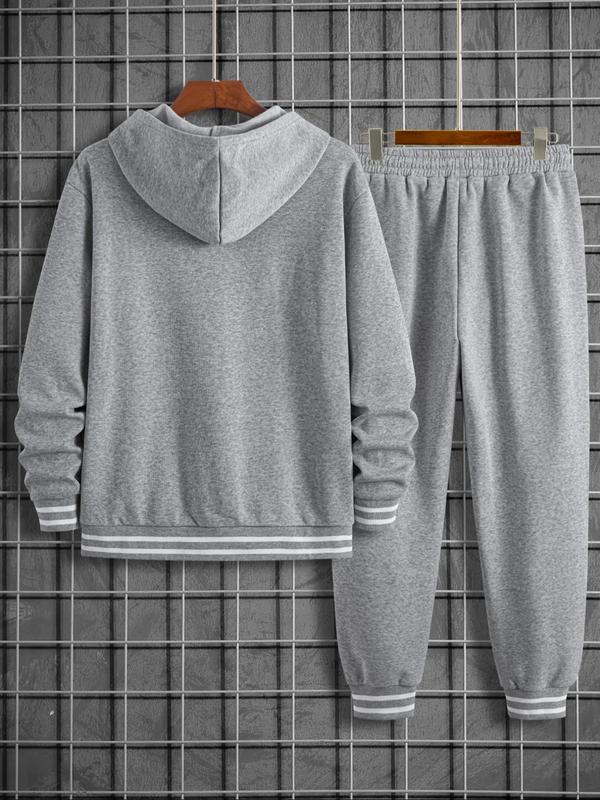 Men's Letter Figure Print Thermal Lined Hoodie & Sweatpants Set, Casual Regular Fit Long Sleeve Hooded Sweatshirt & Jogger Pants, Men's Two-piece Outfits for Fall & Winter