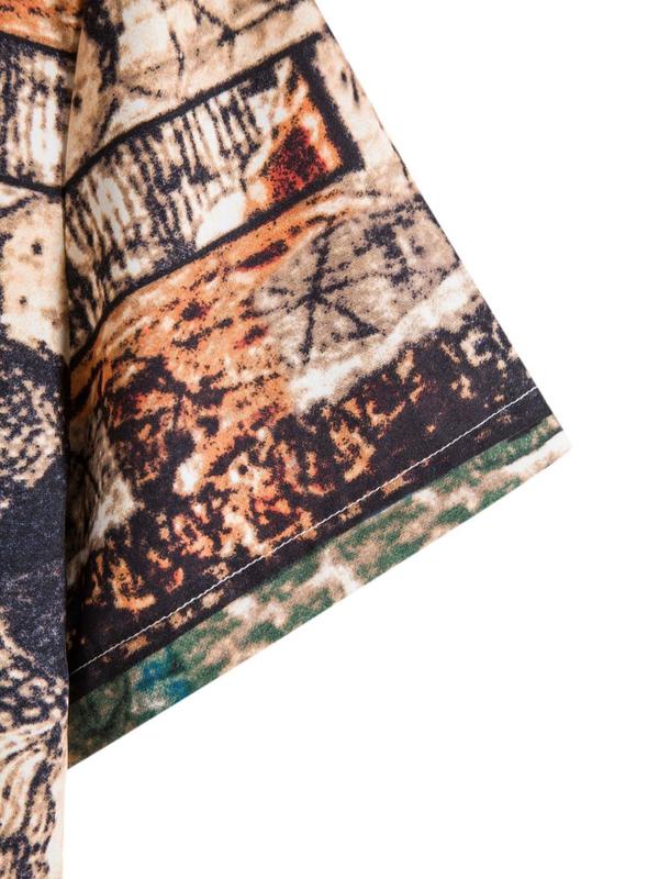Men's Regular Fit All Over Patchwork Printed Button Front Shirt, Casual Vintage Short Sleeve Collar Shirt for Summer, Fashion Men's Top for Daily Wear