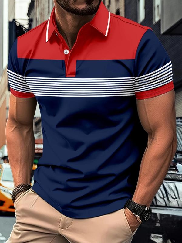 Men's Striped Print Short Sleeve Polo Shirt, Casual Button Front Collared Top for Summer, Fashion Men's Streetwear Clothes for Daily Wear