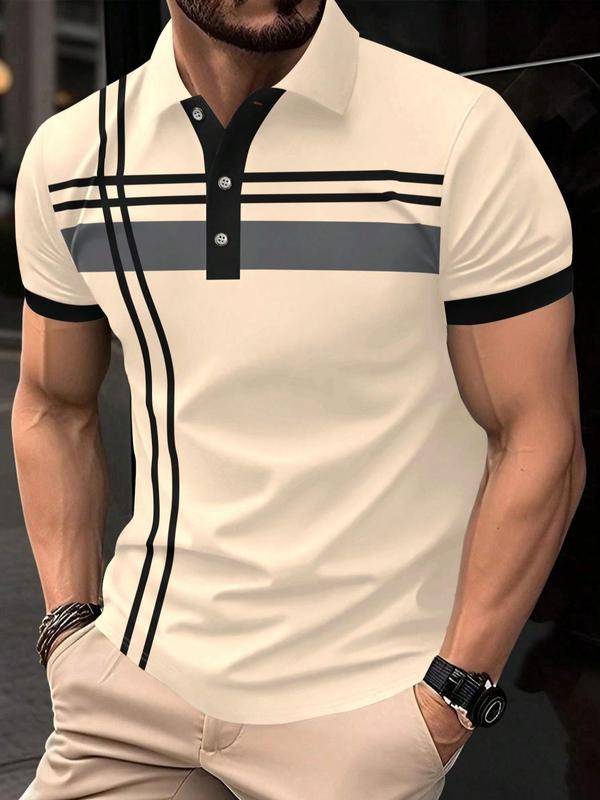 Men's Striped Print Contrast Binding Polo Shirt, Polo Shirts Men, Casual Short Sleeve Button Front Polo T Shirt for Summer, Fashion Men's Clothes for Daily Streetwear