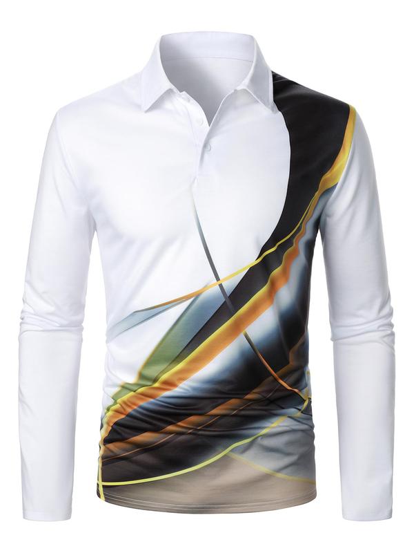 Men's Colorblock Print Button Front Polo Shirt, Regular Fit Casual Long Sleeve Top for Fall & Winter, Men's Clothes for Daily Wear