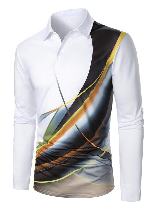 Men's Colorblock Print Button Front Polo Shirt, Regular Fit Casual Long Sleeve Top for Fall & Winter, Men's Clothes for Daily Wear