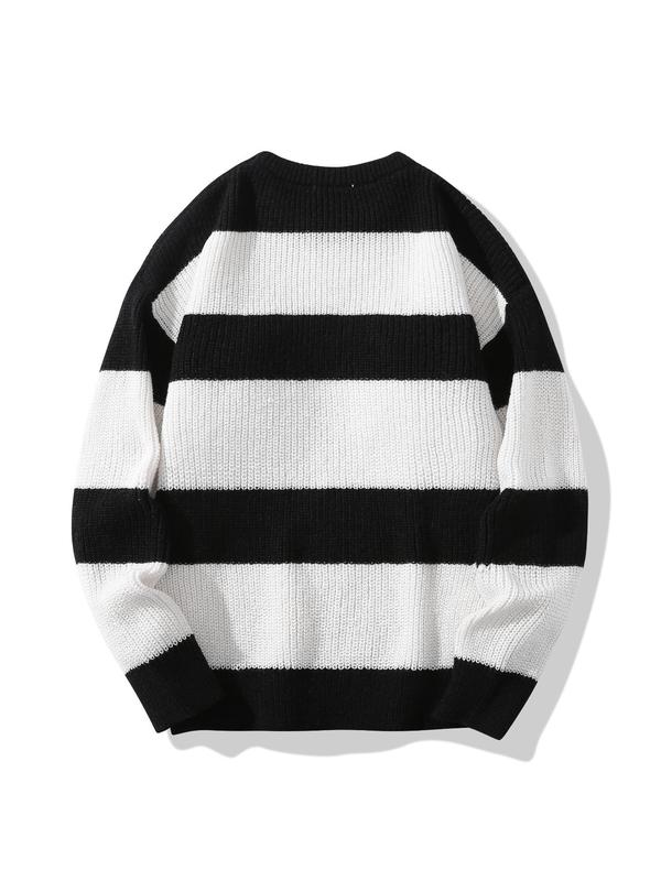 Men's Striped Print Round Neck Sweater, Fall Outfits 2024, Regular Fit Streetwear Long Sleeve Jumper for Fall & Winter, Fall Clothes, Men's Knit Pullover for Daily Wear, 90s Clothes, Going Out Outfit Knitted Sweater