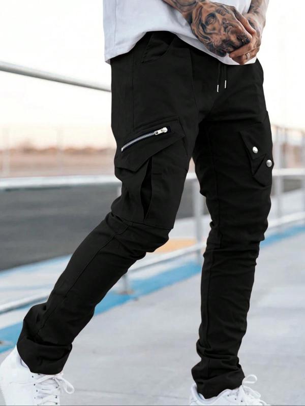 Men's Plain Zipper Flap Pocket Drawstring Waist Jogger Pants, Loose Street Trousers for Spring & Fall,  Summer Outfits 2024 for Work, Streetwear Drippy Outfits, Men's Bottoms, Going Out Outfit