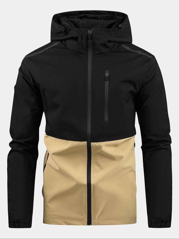 Men's Colorblock Zip Up Drawstring Hooded Designer Jacket Coats, Casual Regular Fit Long Sleeve Zipper Outerwear, Men's Fall Clothing, Back To School Running Clothes, Plz Order A Size Up