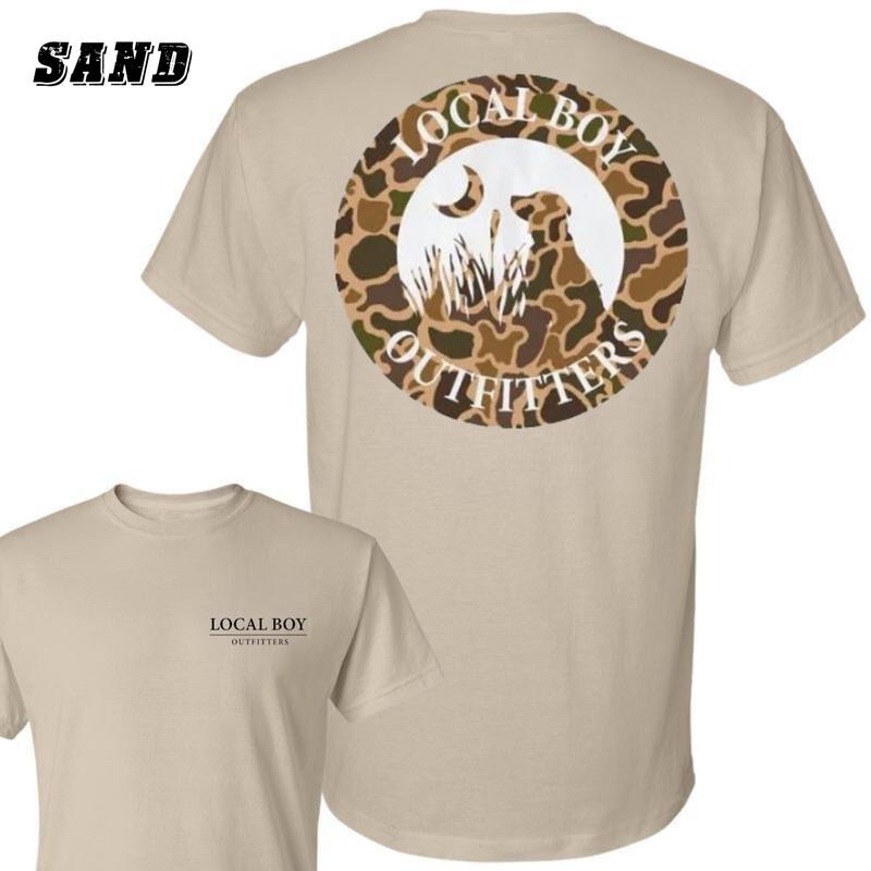 Local Boy Outfitters Bold Camo T-Shirt - Bold Camo Pattern with Dog and Crescent Moon Graphic , Perfect for Outdoor Enthusiasts , Comfortable Unisex Fit , High-Quality Cotton Fabric , Ideal for Everyday Wear Menswear Classic Crewneck Underwear Streetwear