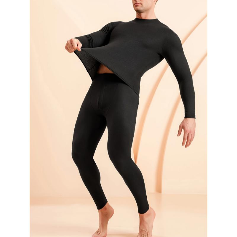 Men's Thermal Underwear Set, Long Sleeve Turtleneck, Warm Fleece-Like, Stretchy Polyester Blend, Solid Color, Tight Fit, for Home, Sports, Cycling, All Seasons