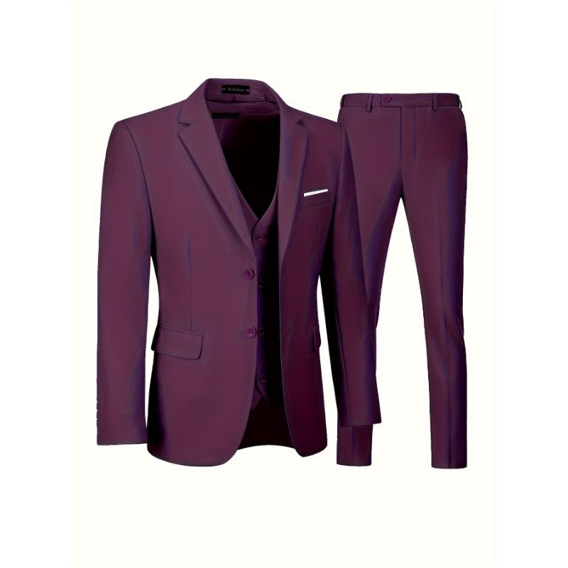 3pcs Set Of Men's Solid Notch Lapel Dress Suit Set, Single Breasted Blazer, Dress Vest And Formal Pants Collar Menswear