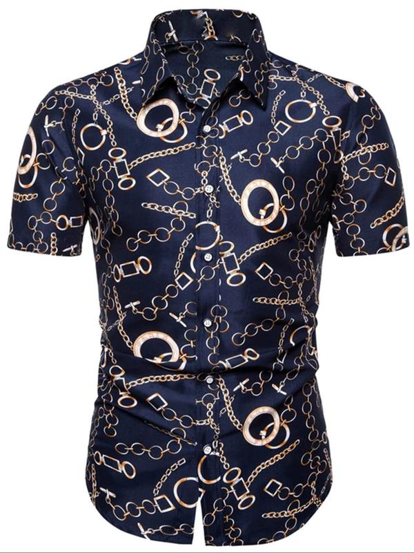 Men's All Over Chain Print Button Front Shirt, Summer Clothes, Regular Fit Casual Collared Shirt for Summer, Men's Top for Beach Vacation Holiday