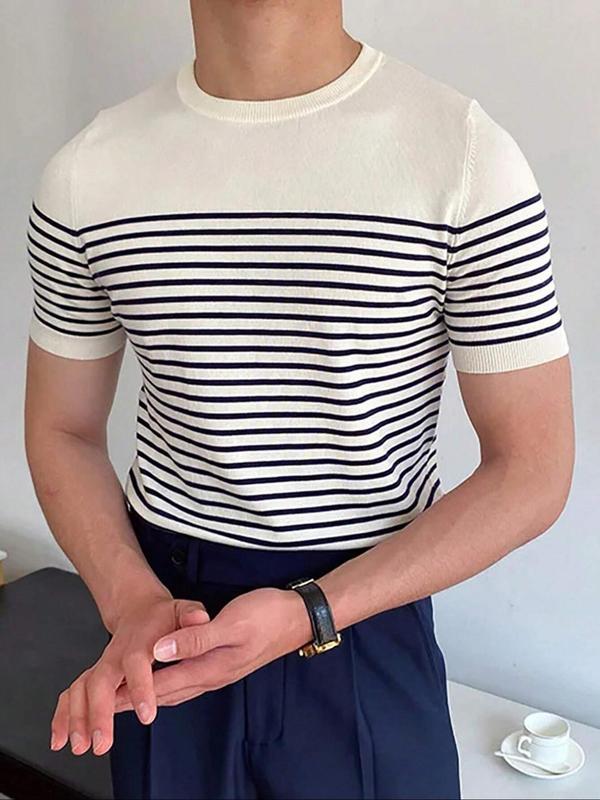 Summer Clothes Men's Striped Print Round Neck Knit Top, Slim Casual Short Sleeve Crew Neck Knitwear for Spring & Summer, Streetwear, Fashion Men's Knit Clothing for Daily Wear, Summer Outfits 2024, Men's Tops