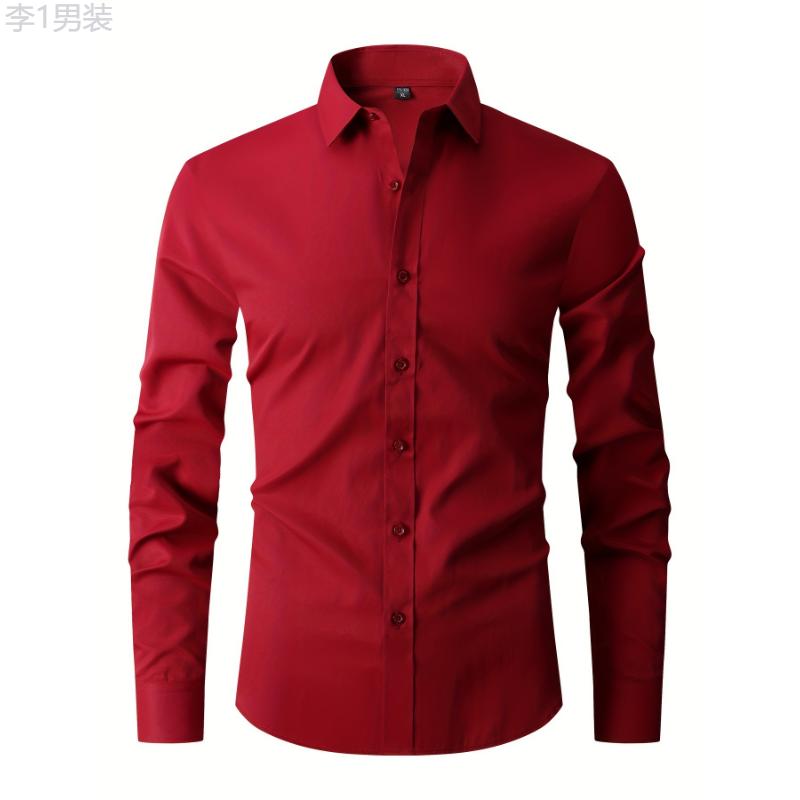 Solid Color Men's Business Slim Fit Long Sleeve Button Up Shirt, Spring Fall Formal Wear, Gift For Men Collar Menswear