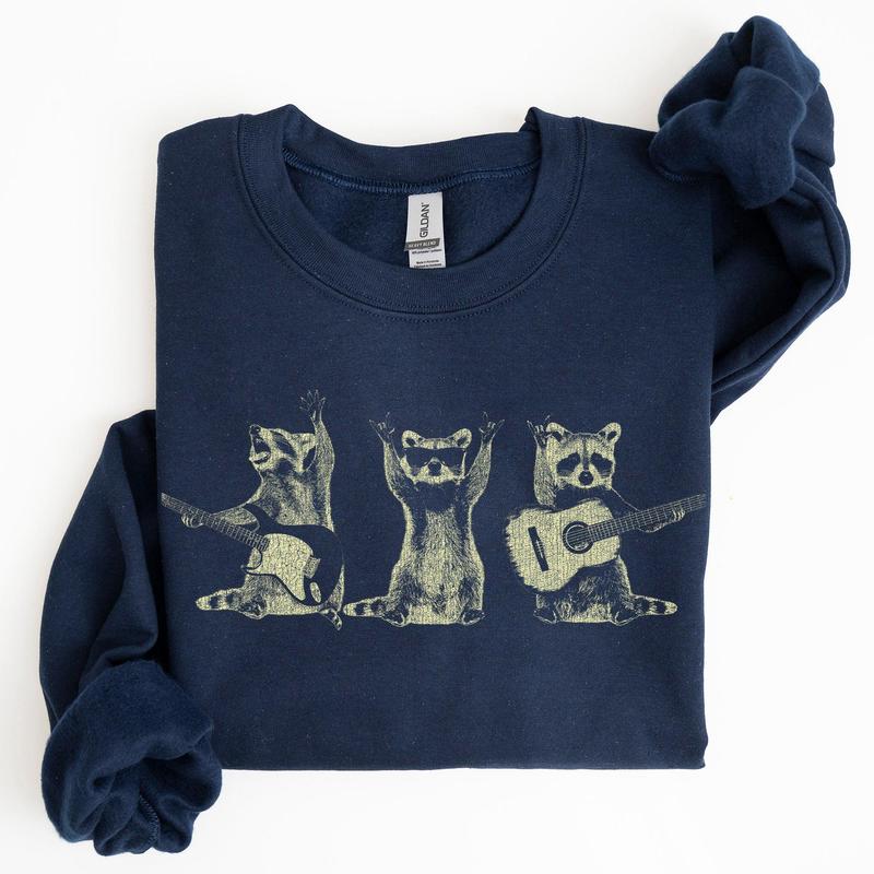 Raccoon Band, Playing Guitar, Funny Animals Sweatshirt, Crew Neck, Crewneck, Soft Unisex Graphic Casual Casual Comfort Womenswear Comfortable Graphic