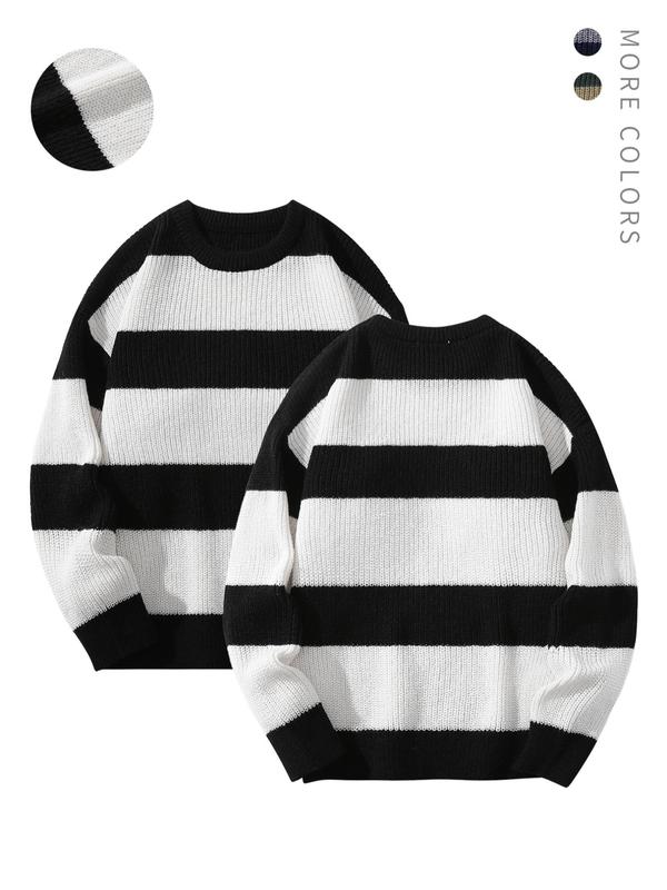 Men's Striped Print Round Neck Sweater, Fall Outfits 2024, Regular Fit Streetwear Long Sleeve Jumper for Fall & Winter, Fall Clothes, Men's Knit Pullover for Daily Wear, 90s Clothes, Going Out Outfit Knitted Sweater